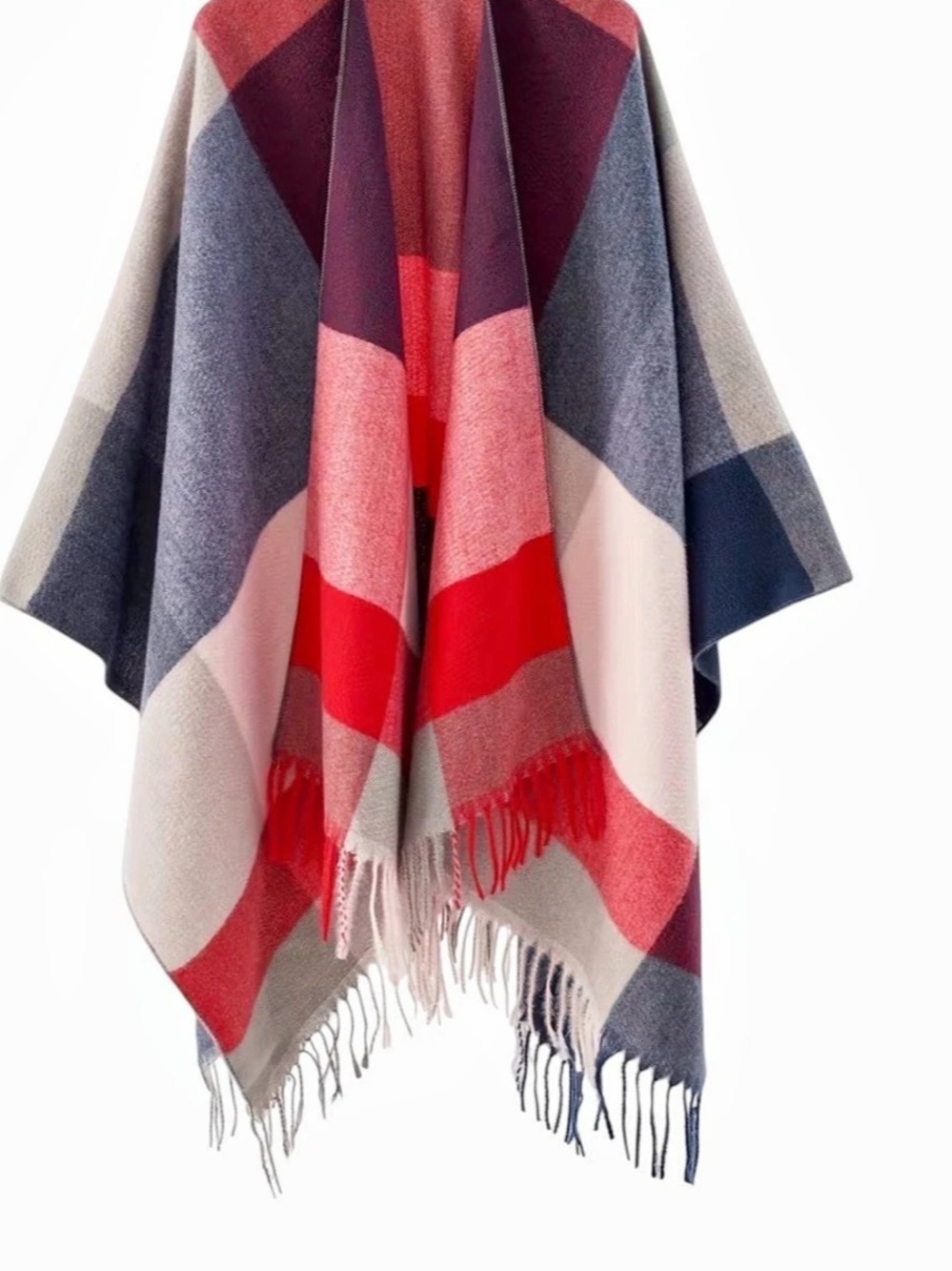 Geometric Colorblock Fringe Poncho/Wrap in Shades Of Red, Blue & Cream New